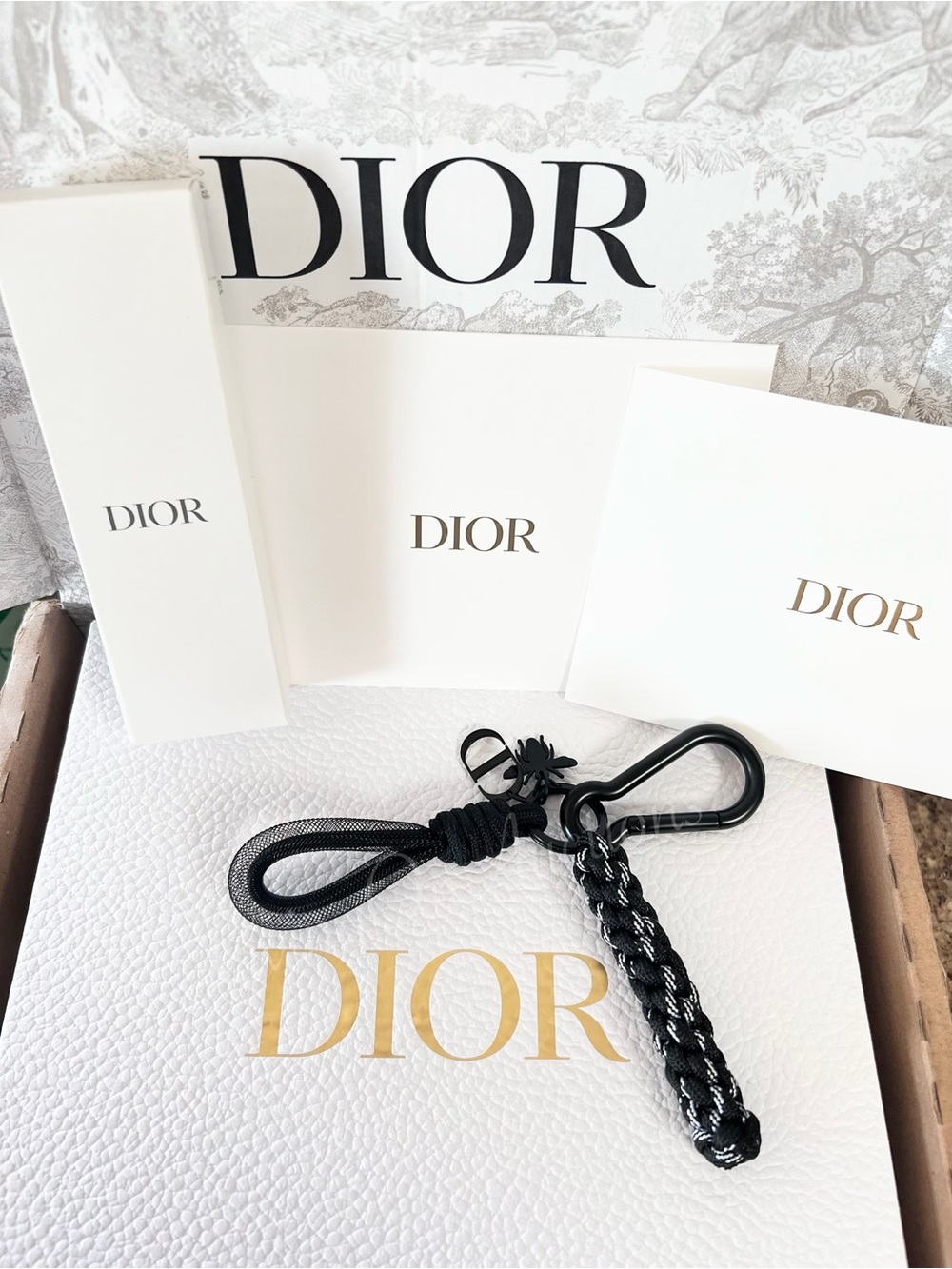 Dior Beauty Matte Black Carabiner Keychain CD Bee Logo Bag Charm Ring Lanyard
